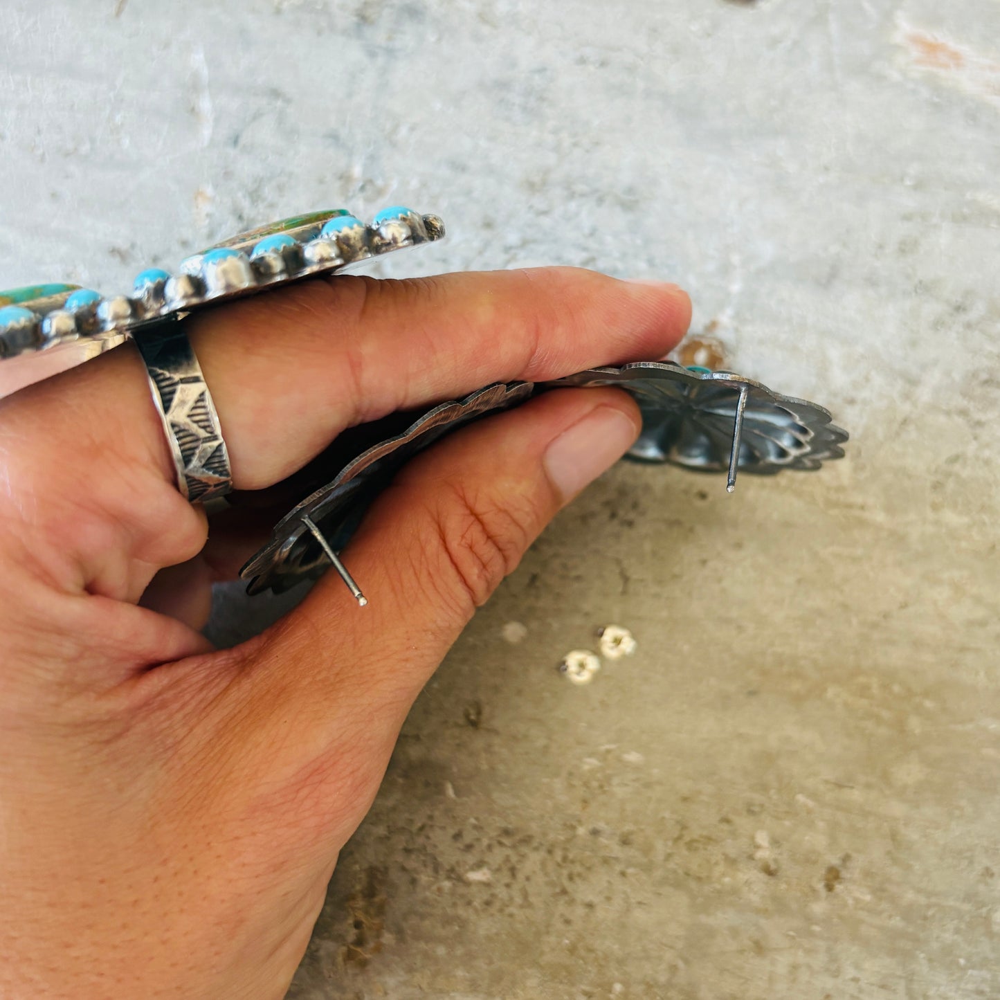 Navajo Signed Sterling Silver & Kingman Turquoise Concho Earrings