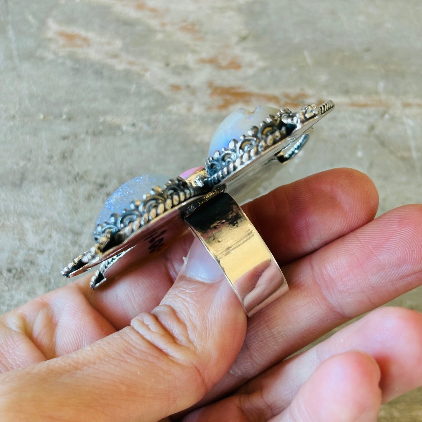 Navajo Hemerson Brown Sterling Silver - Pink Conch & Druzy Butterfly Ring