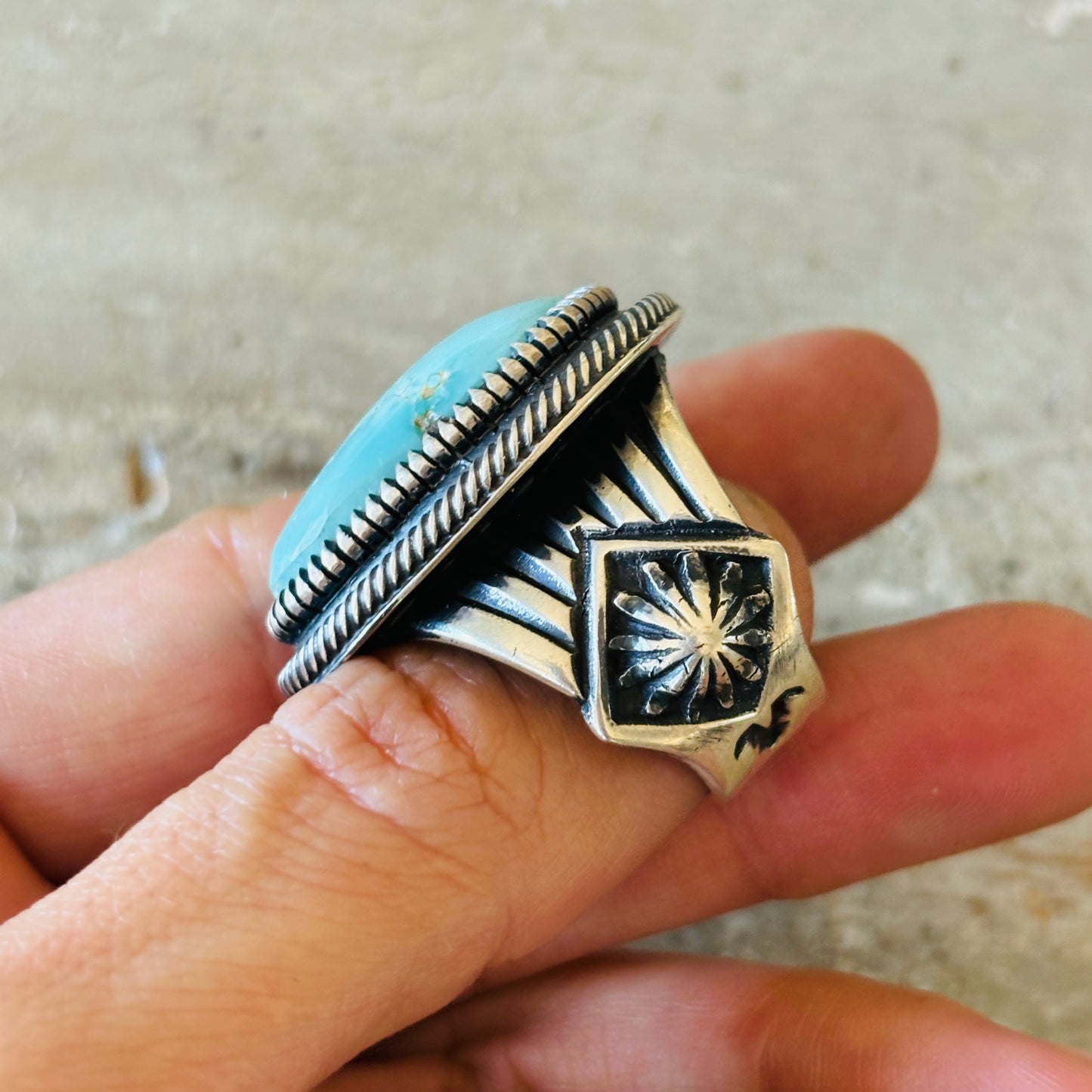 Navajo Floyd Parkhurst Sterling Silver & Carico Lake Turquoise Ring