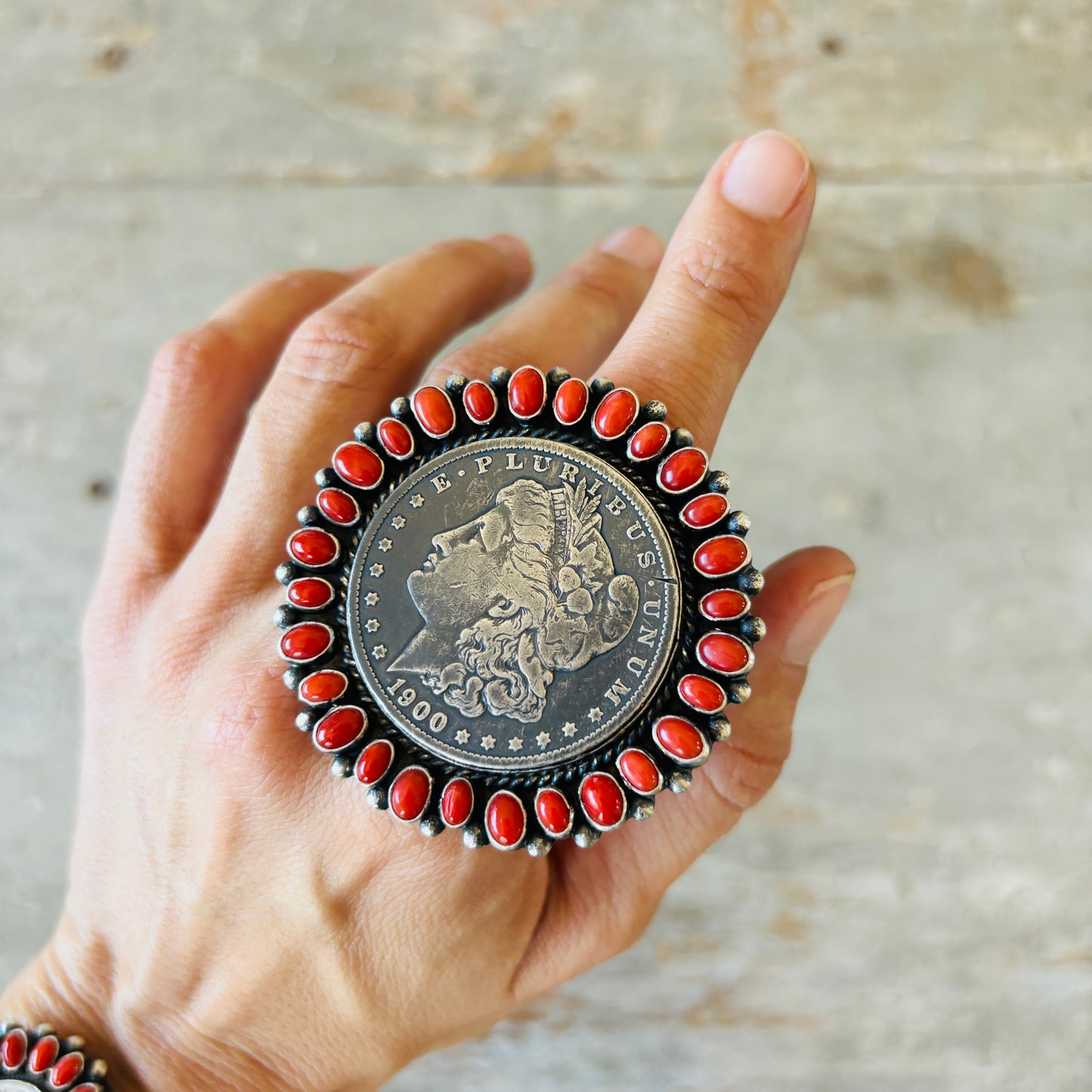 Navajo Darrin Livingston Sterling Silver & Red Coral Coin Ring