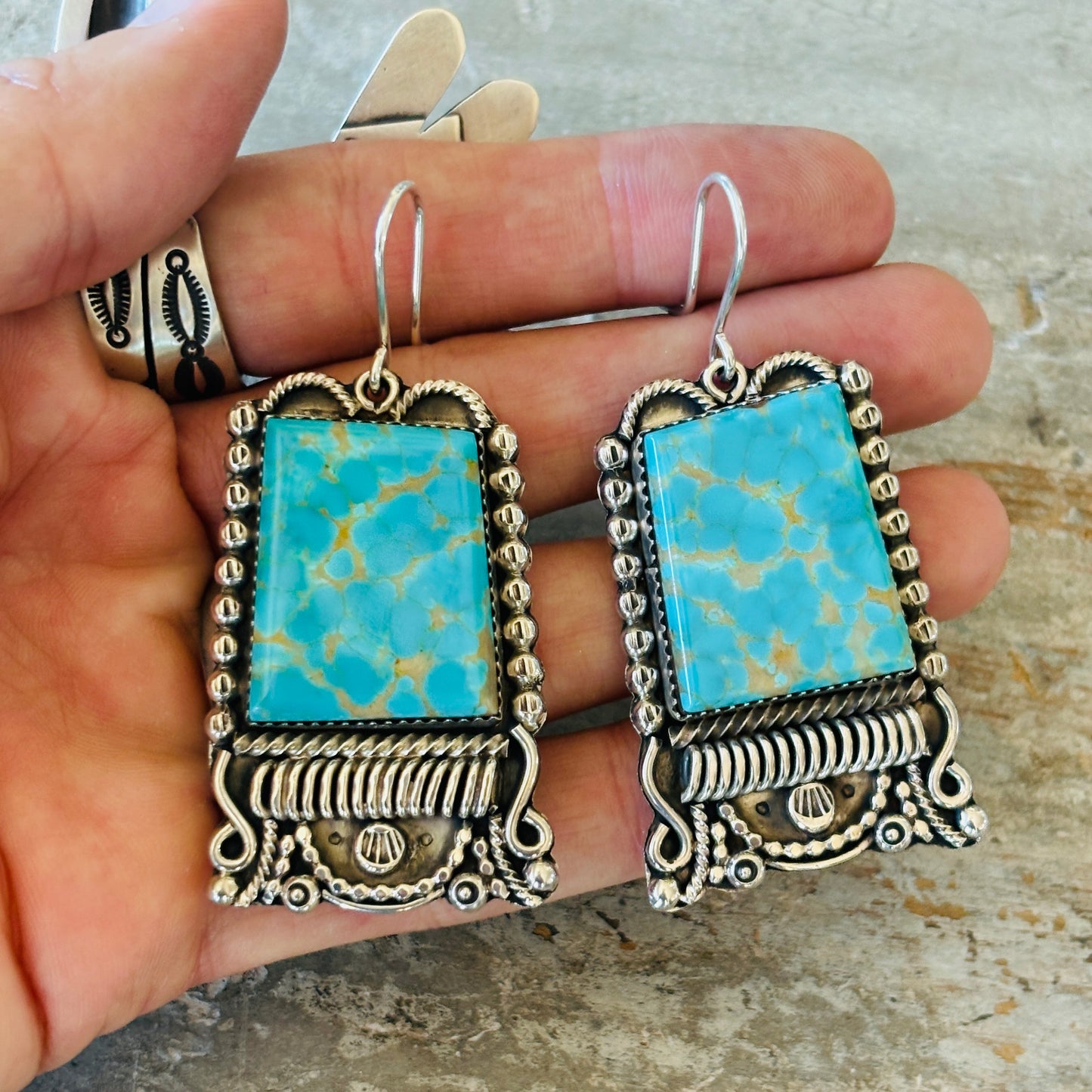 Navajo B. Tom Sterling Silver & Kingman Turquoise Statement Earrings