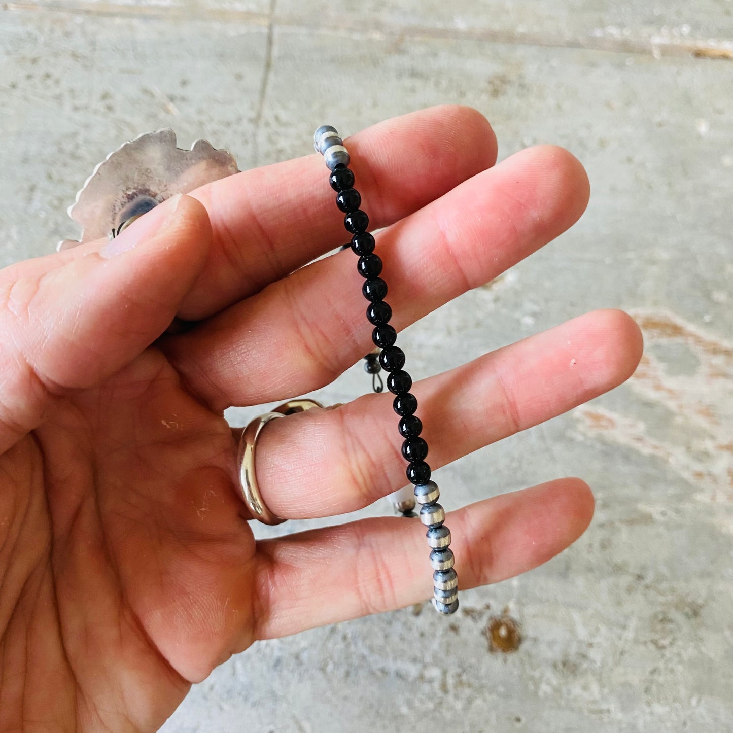 Navajo Strung Sterling Silver Machine Made Pearls & Black Onyx Beaded Bracelet