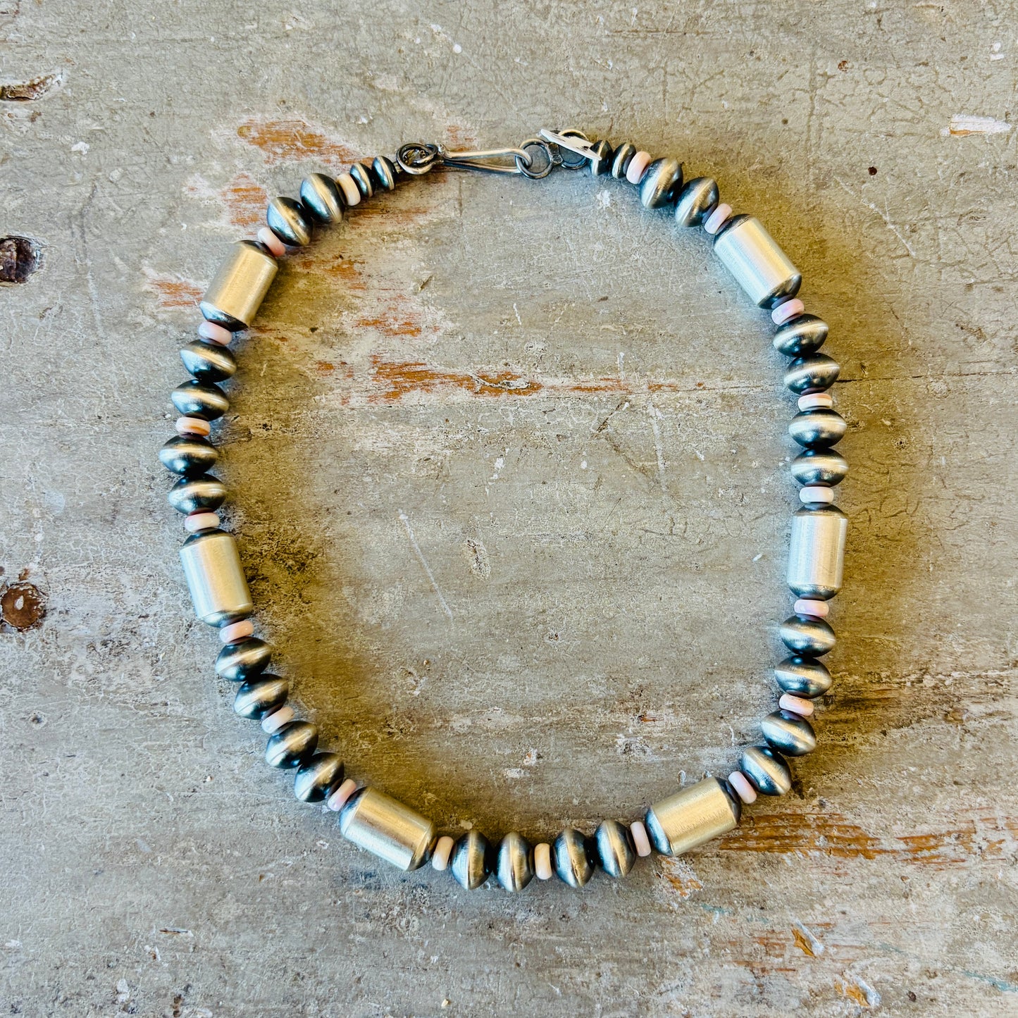 Navajo Tonisha Haley Sterling Silver 10mm Handmade Pink Conch - Saucer - Tube Beads Pearl Necklace