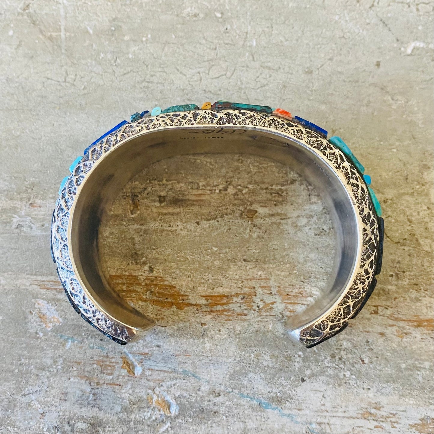 Navajo Lester James Sterling Silver & Multi Stone Tufa Cast Cuff