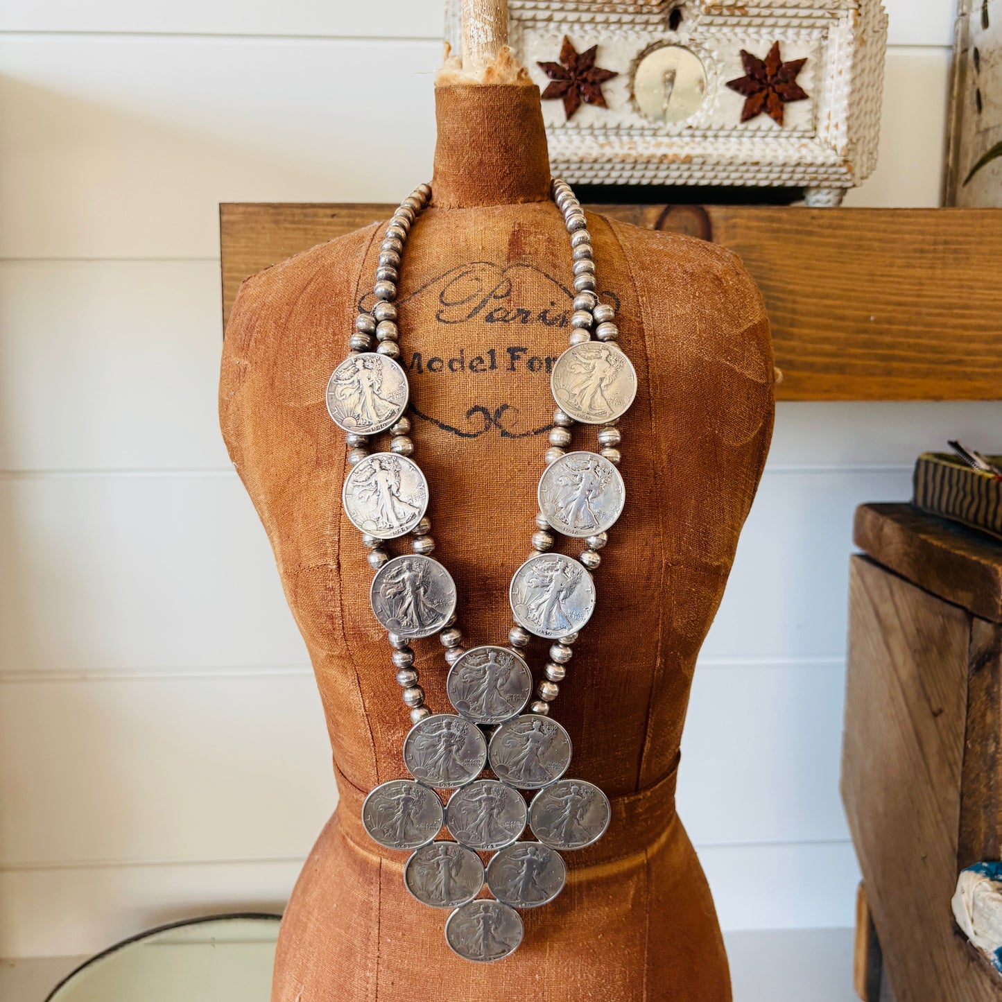Navajo Tiffany Parkhurst Sterling Silver Half Dollar Statement Necklace