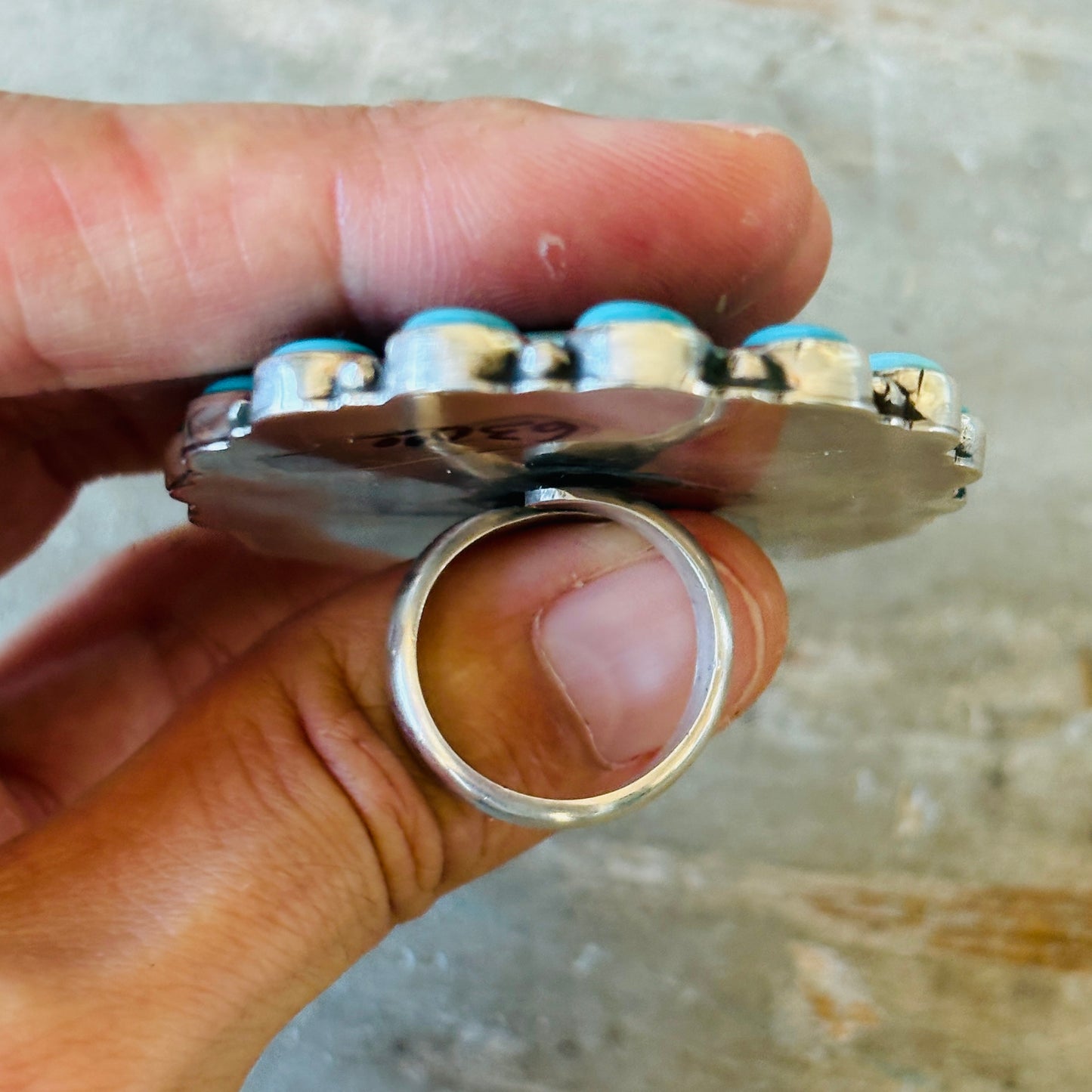 Navajo Geraldine James Sterling Silver - Kingman & Sonoran Gold Turquoise Cluster Ring