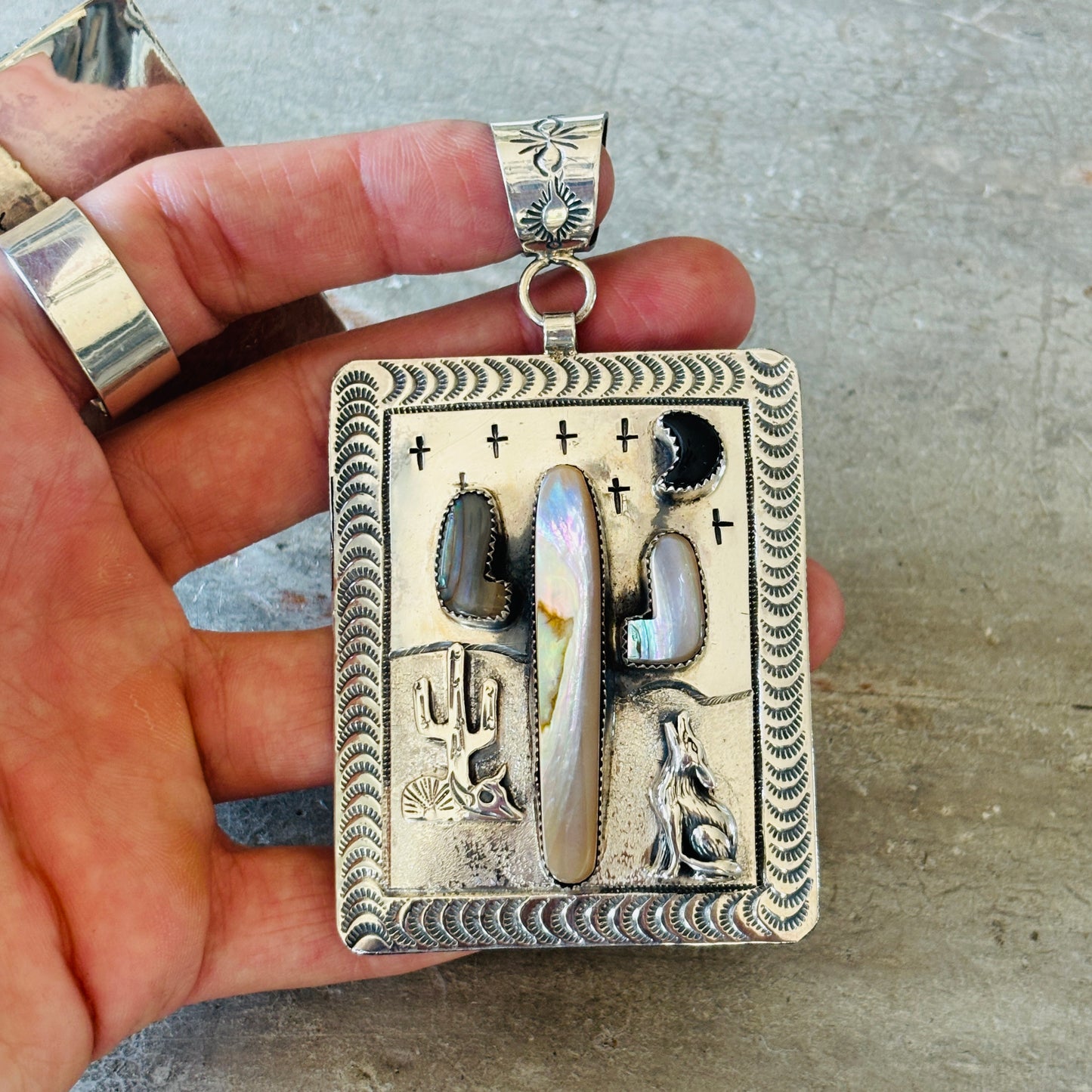 Navajo Hemerson Brown Sterling Silver - Black Onyx & Abalone Shell Cactus Pendant