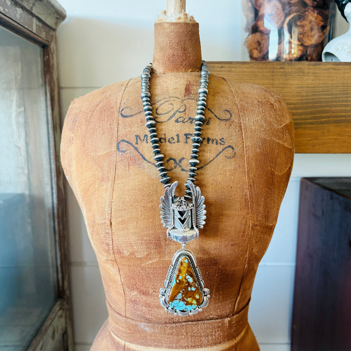 Navajo Henry Yazzie Sterling Silver & Royston Turquoise Kachina Statement Pendant