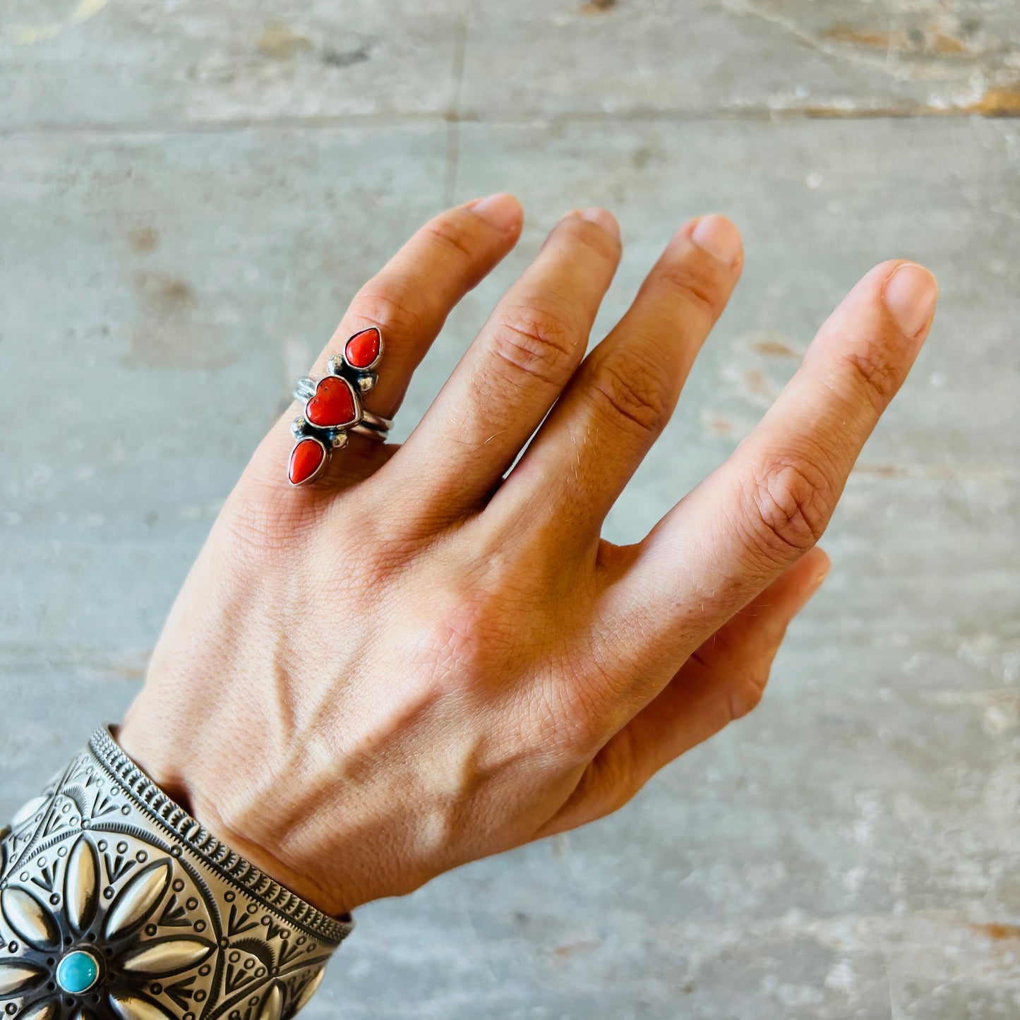 Navajo Mildred Parkhurst Sterling Silver & Red Coral Heart Ring