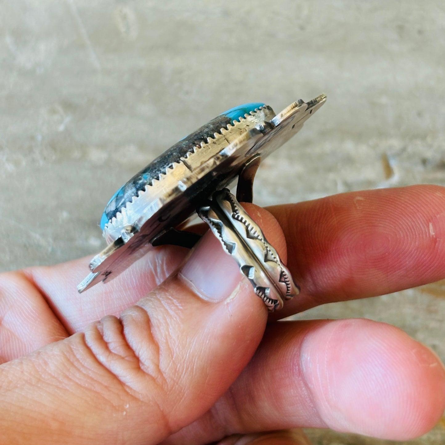Navajo Tia Long Sterling Silver & Turquoise Ring