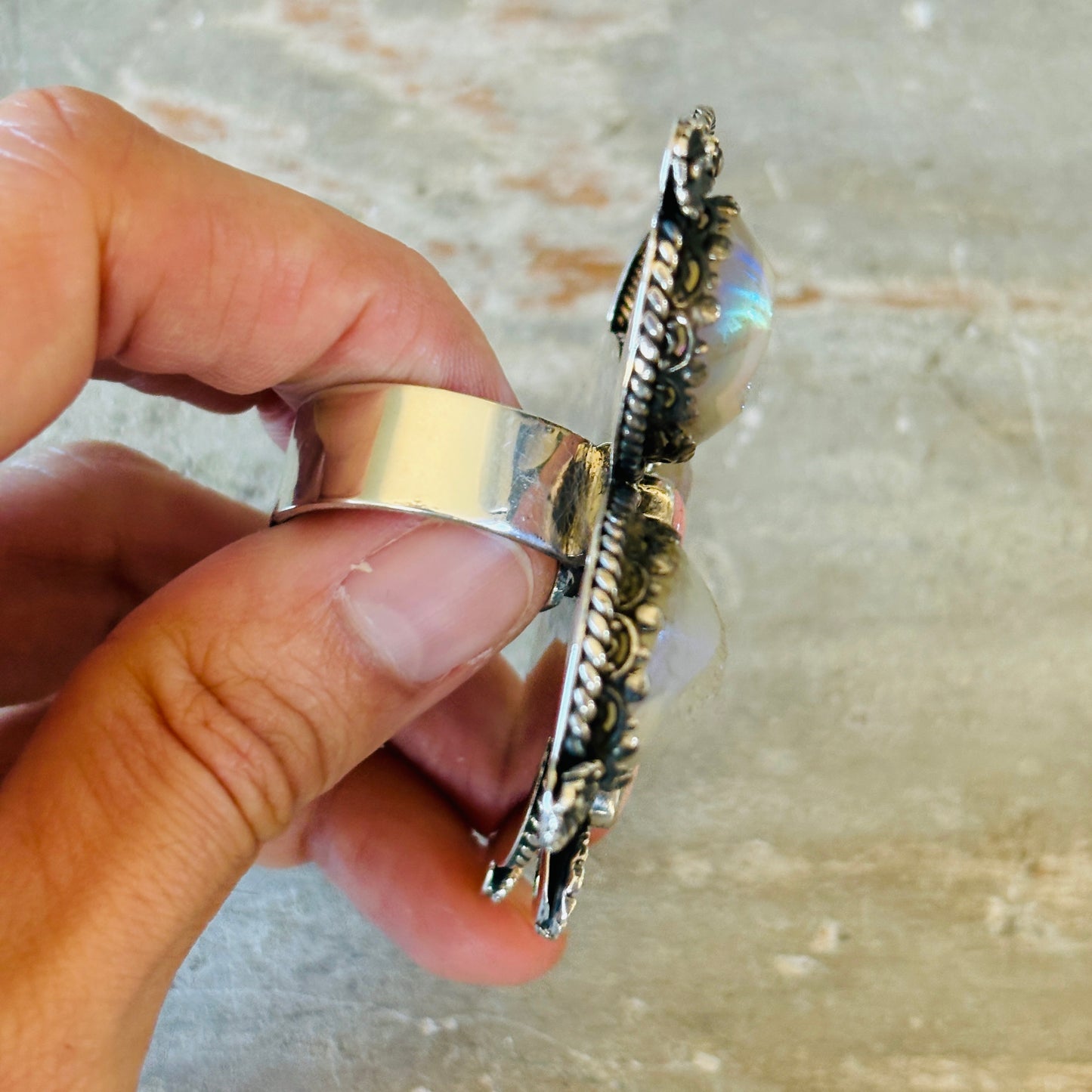 Navajo Hemerson Brown Sterling Silver - Pink Conch & Druzy Butterfly Ring