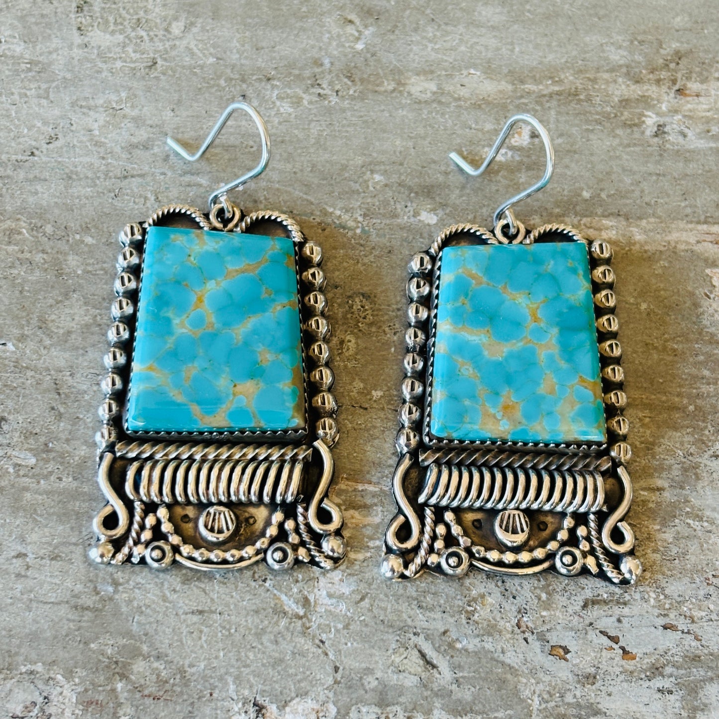 Navajo B. Tom Sterling Silver & Kingman Turquoise Statement Earrings