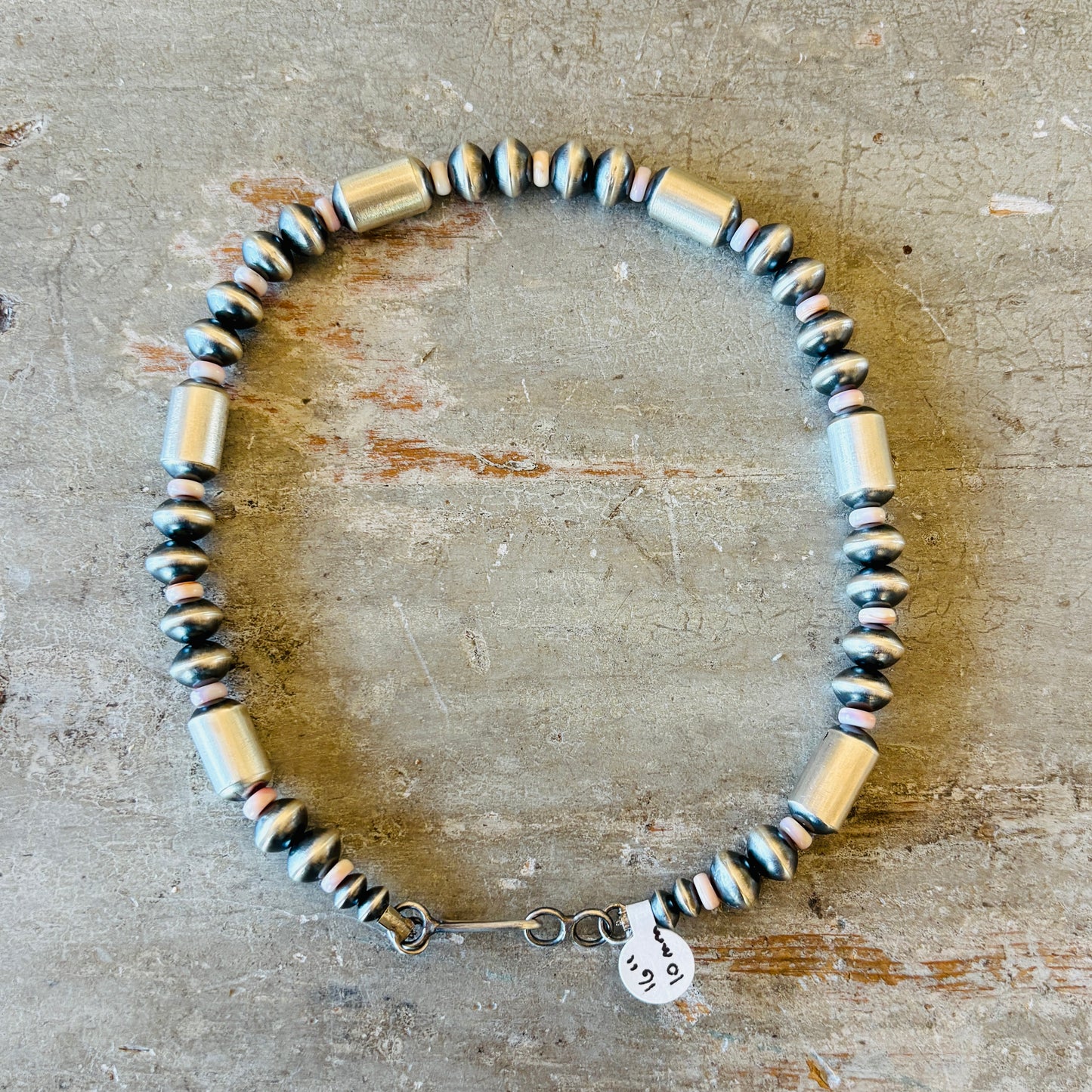 Navajo Tonisha Haley Sterling Silver 10mm Handmade Pink Conch - Saucer - Tube Beads Pearl Necklace