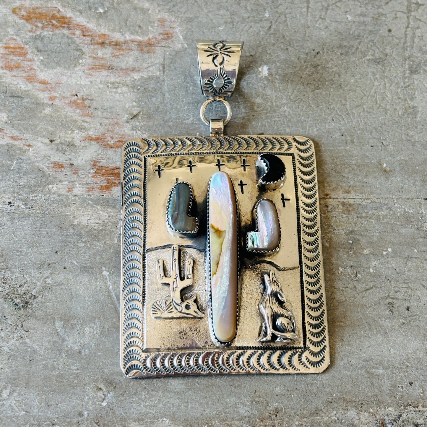 Navajo Hemerson Brown Sterling Silver - Black Onyx & Abalone Shell Cactus Pendant