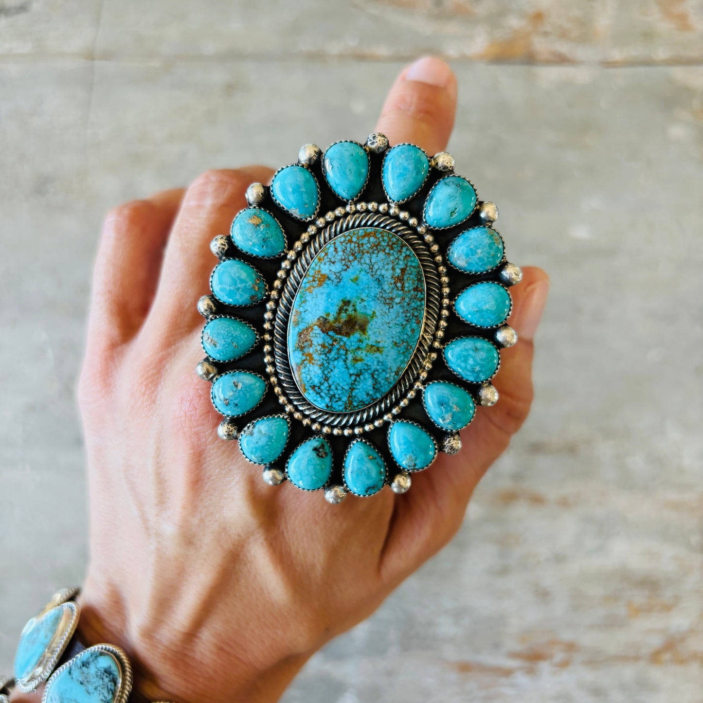 Navajo Hemerson Brown Sterling Silver & Kingman Turquoise Cluster Ring