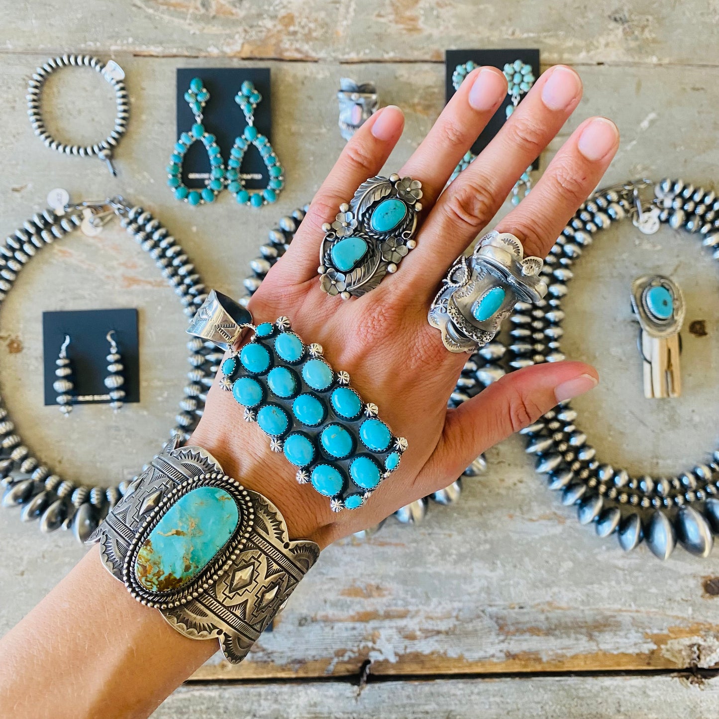 Navajo Pearlene Spencer Sterling Silver & Kingman Turquoise Cluster Earrings