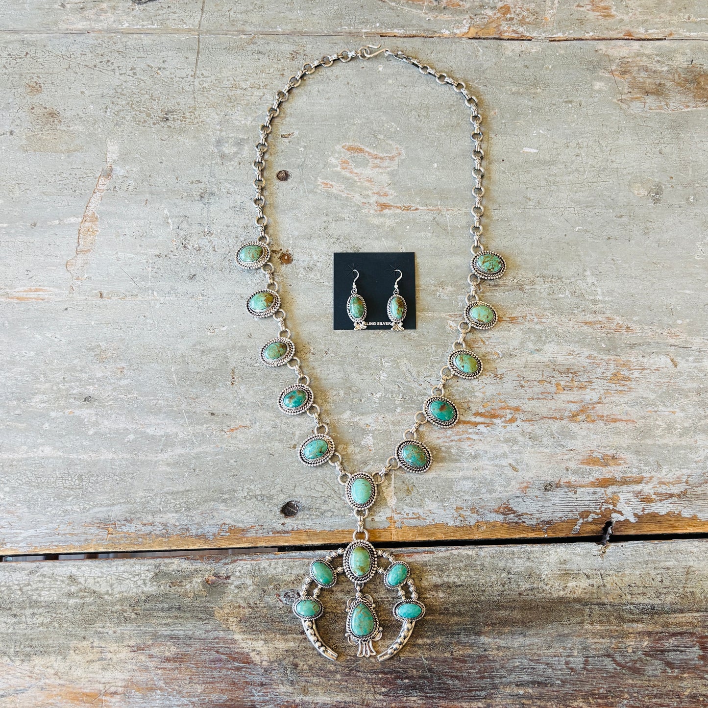 Navajo June Defauito Sterling Silver & Green Kingman Turquoise Squash Blossom Necklace & Earrings Set