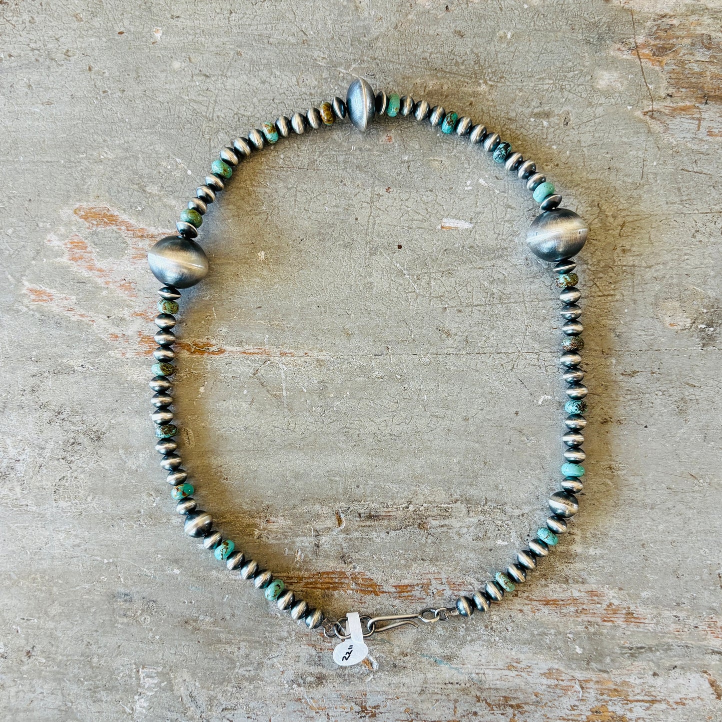 Navajo Preston Haley Sterling Silver & Campitos Turquoise 7mm - 12mm - 20mm Pearls Necklace