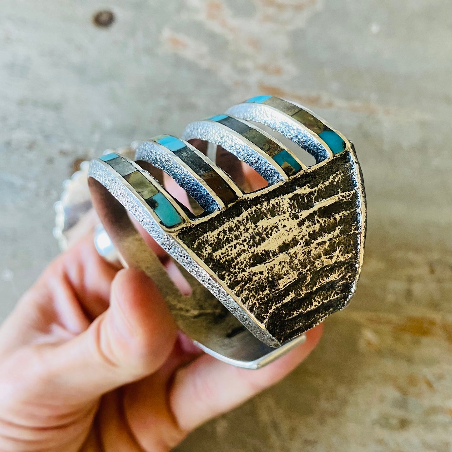 Navajo Lester James Sterling Silver - Turquoise & Sandstone Inlay Tufa Cast Cuff