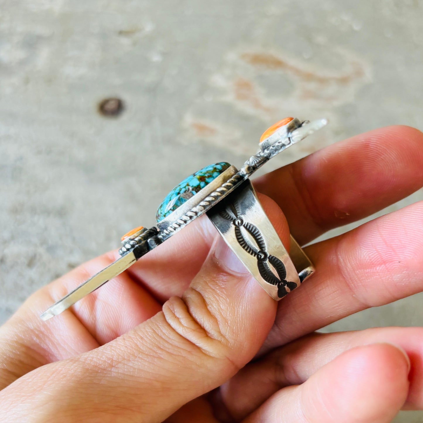 Navajo Herman Smith Sterling Silver - Orange Spiny & Spiderweb Kingman Hummingbird Ring