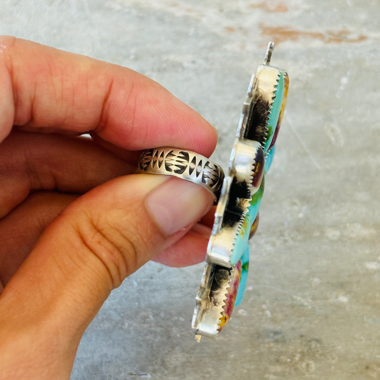 Navajo Chris Etsitty Sterling Silver - Purple Spiny & Sonoran Turquoise Stars Ring