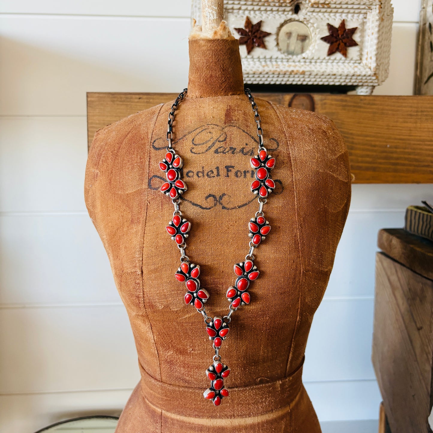 Navajo Kathleen Livingston Sterling Silver & Red Coral Lariat