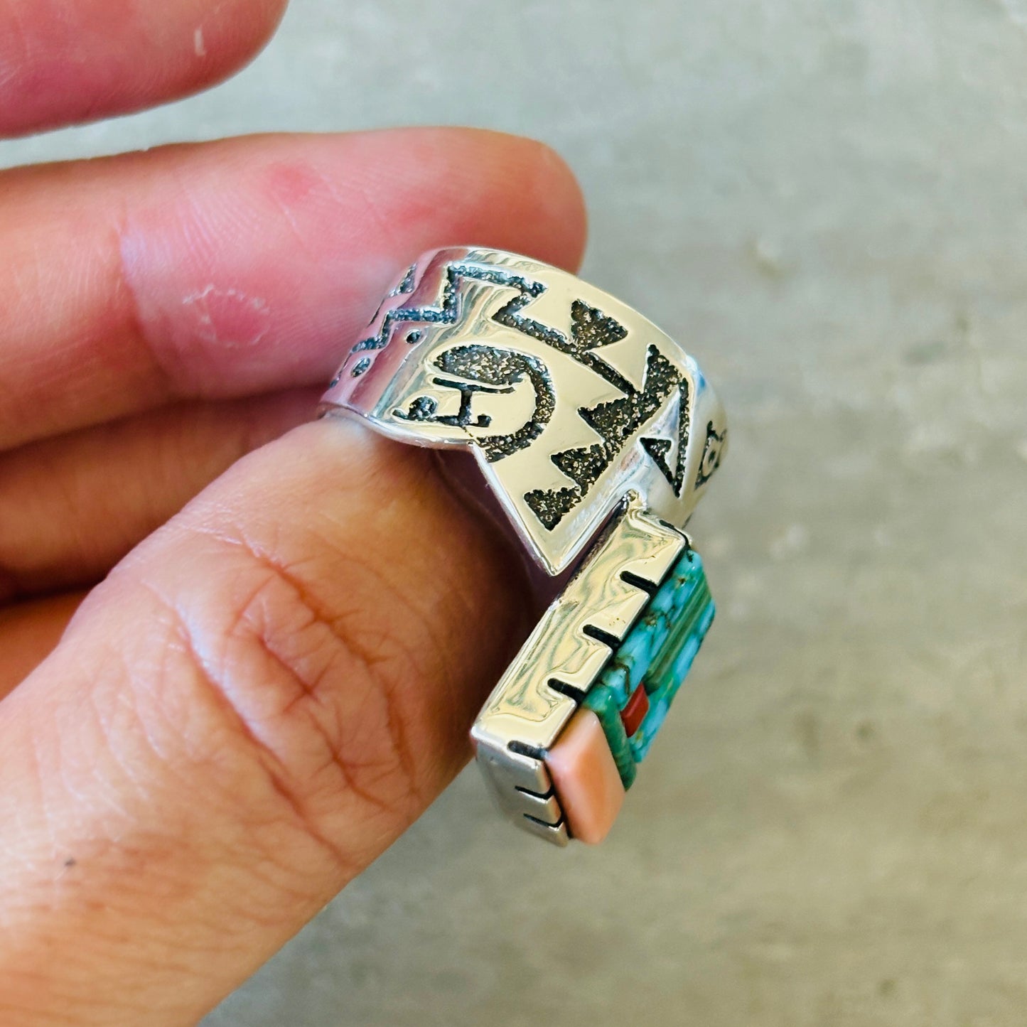 Navajo Richard Tsosie Sterling Silver - Red Coral & Multi Stone Cobblestone Ring