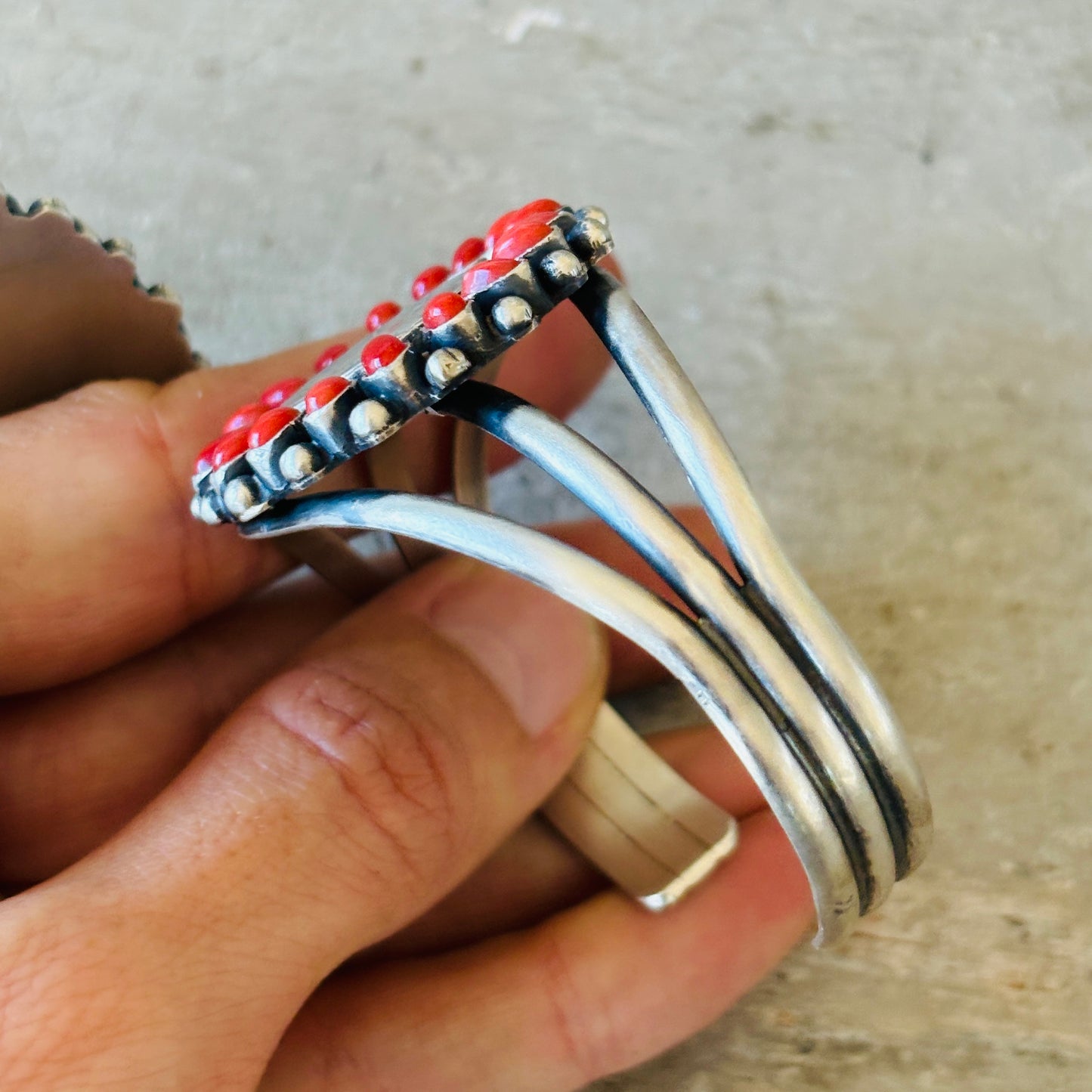 Navajo Darrin Livingston Sterling Silver & Red Coral Coin Cuff