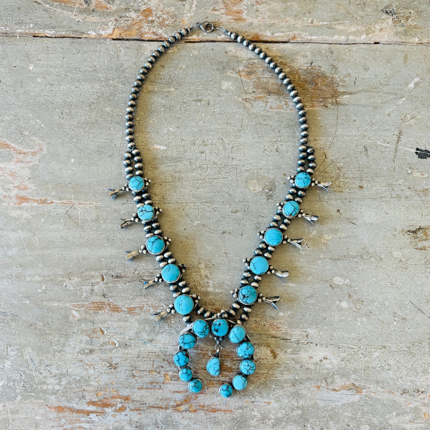 Navajo Lydia Begay Sterling Silver & Egyptian Turquoise Squash Blossom Necklace