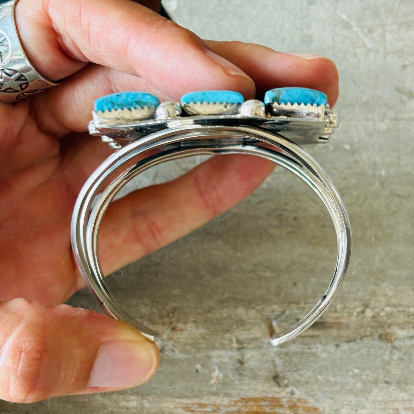 Navajo Lorenzo & Jerilyn Chee Sterling Silver & Kingman Turquoise Statement Cuff