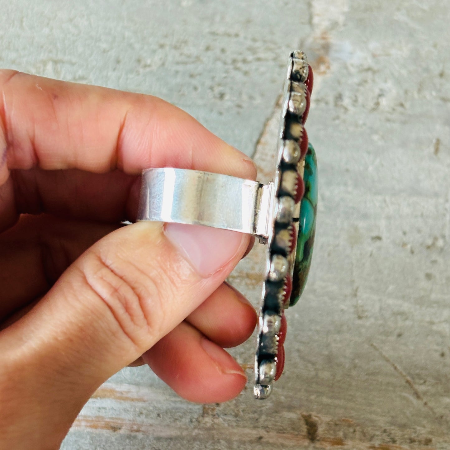 Navajo Hemerson Brown Sterling Silver - Red Coral & Sonoran Turquoise Cluster Ring