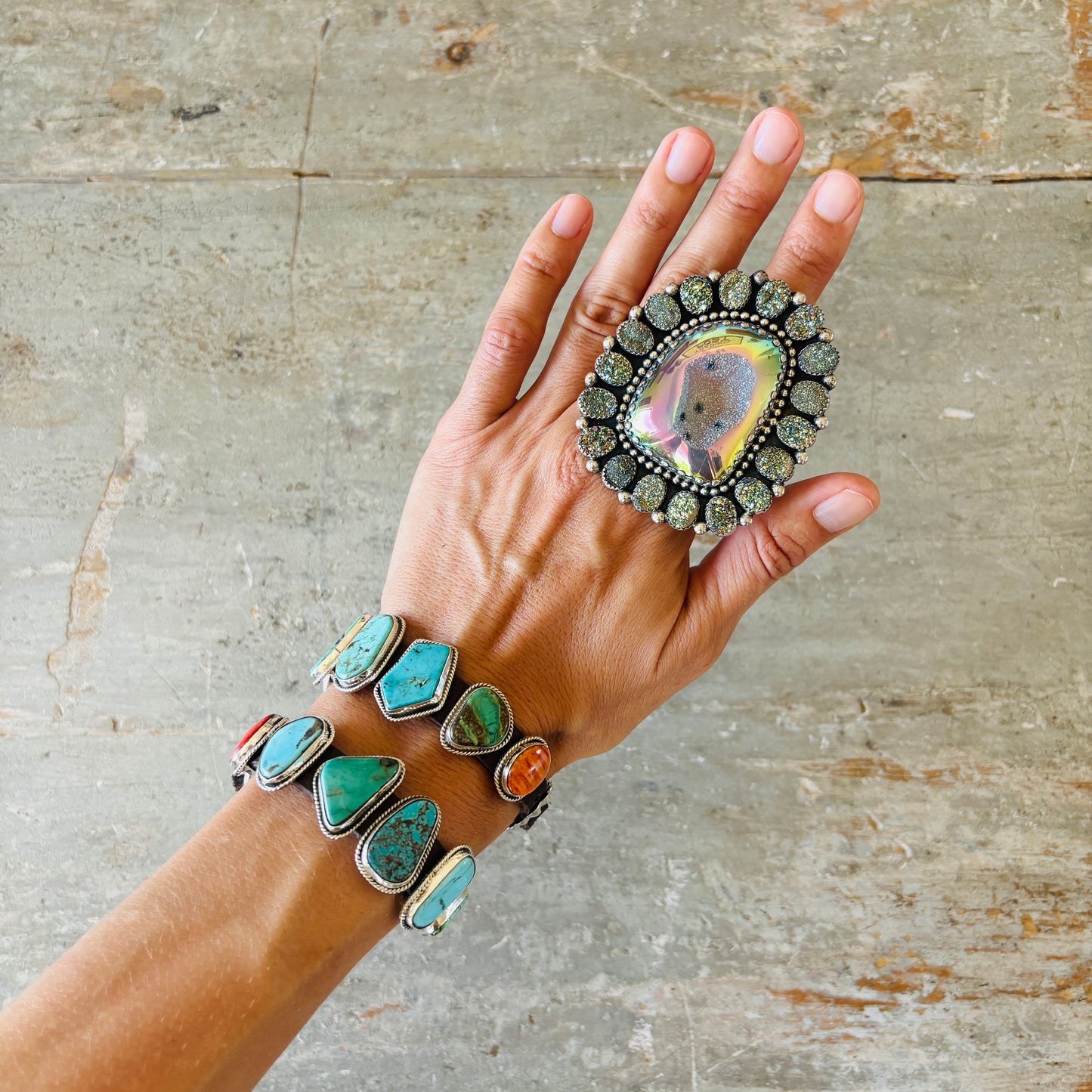Navajo Hemerson Brown Sterling Silver & Druzy Ring