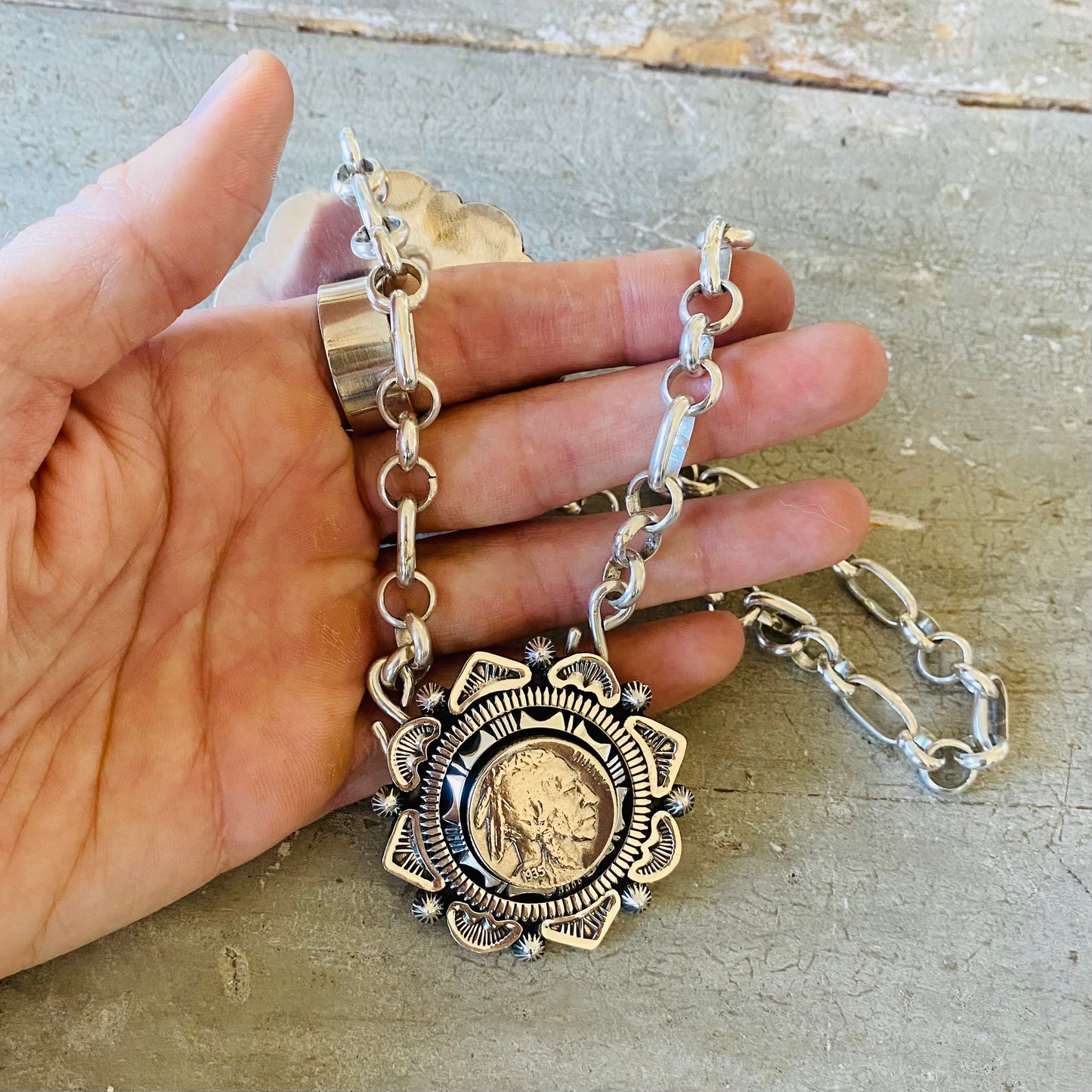 Navajo Eddie Secatero Sterling Silver Indian Head Nickel Statement Necklace