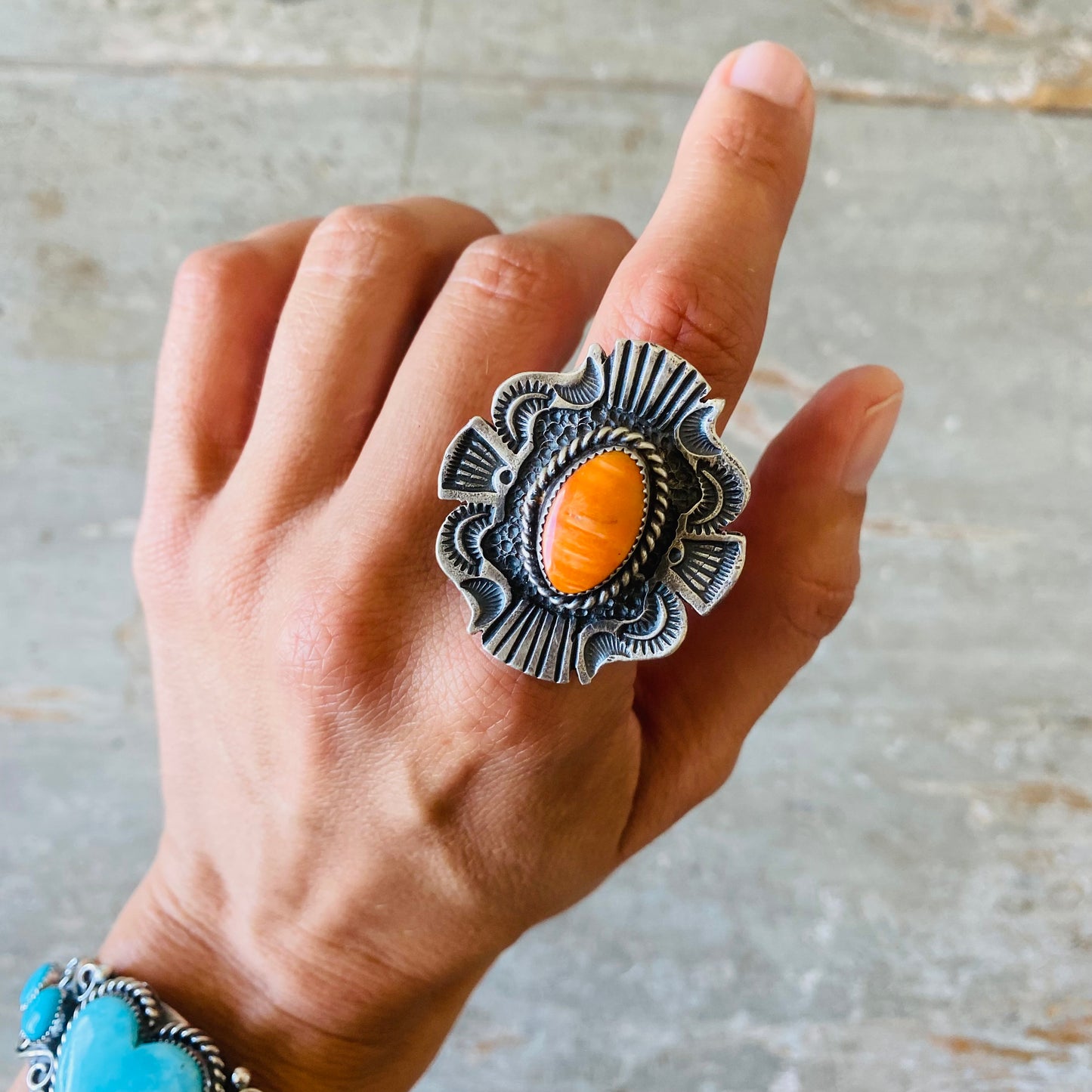 Navajo Kindale Billah Sterling Silver & Orange Spiny Oyster Ring