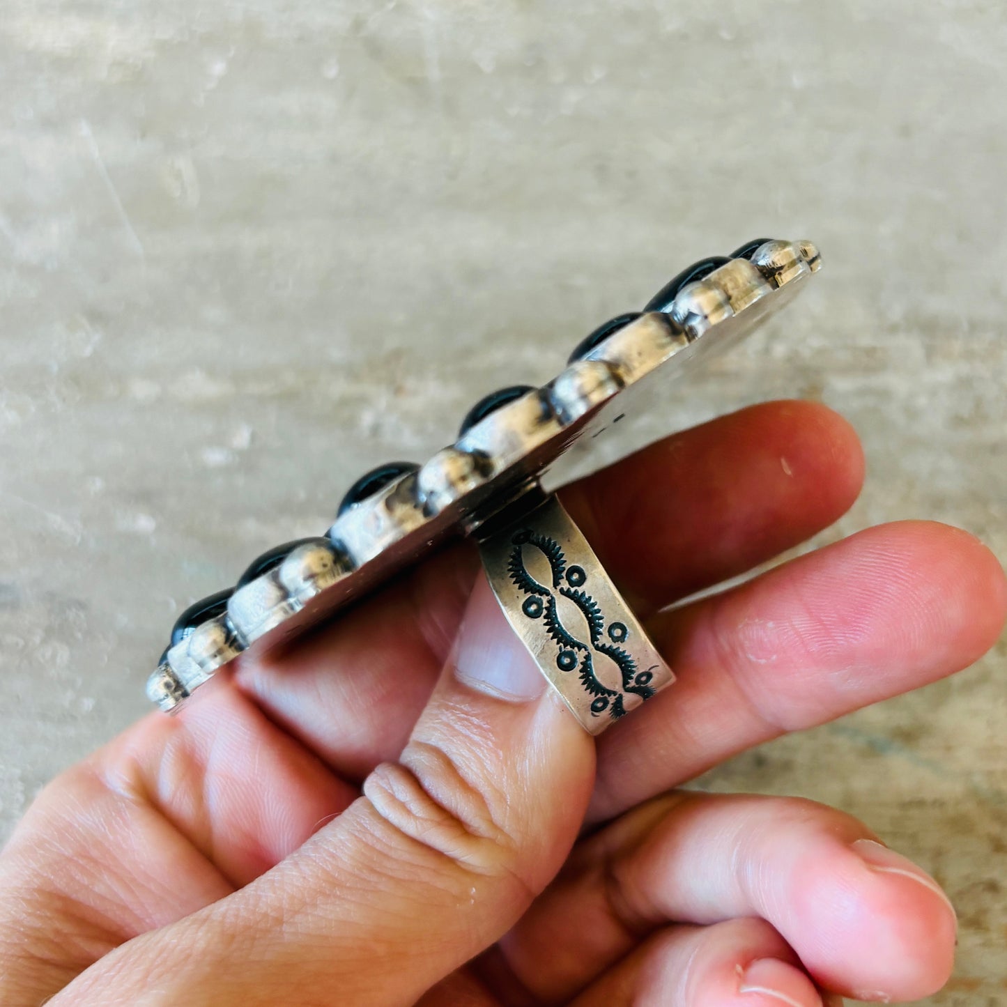 Navajo Tommy Jackson Sterling Silver & Black Onyx Cluster Ring