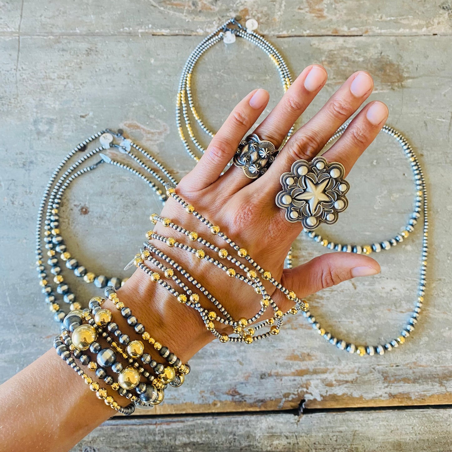 Native Strung Sterling Silver & 18k Gold Plated Alternating 3mm - 6mm Machine Made Pearls Necklace