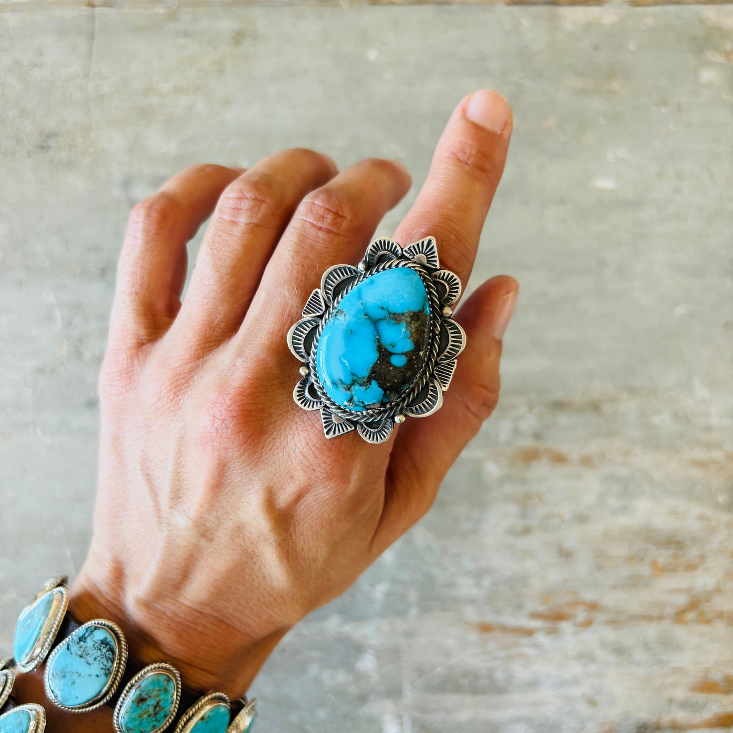 Navajo Tia Long Sterling Silver & Turquoise Ring