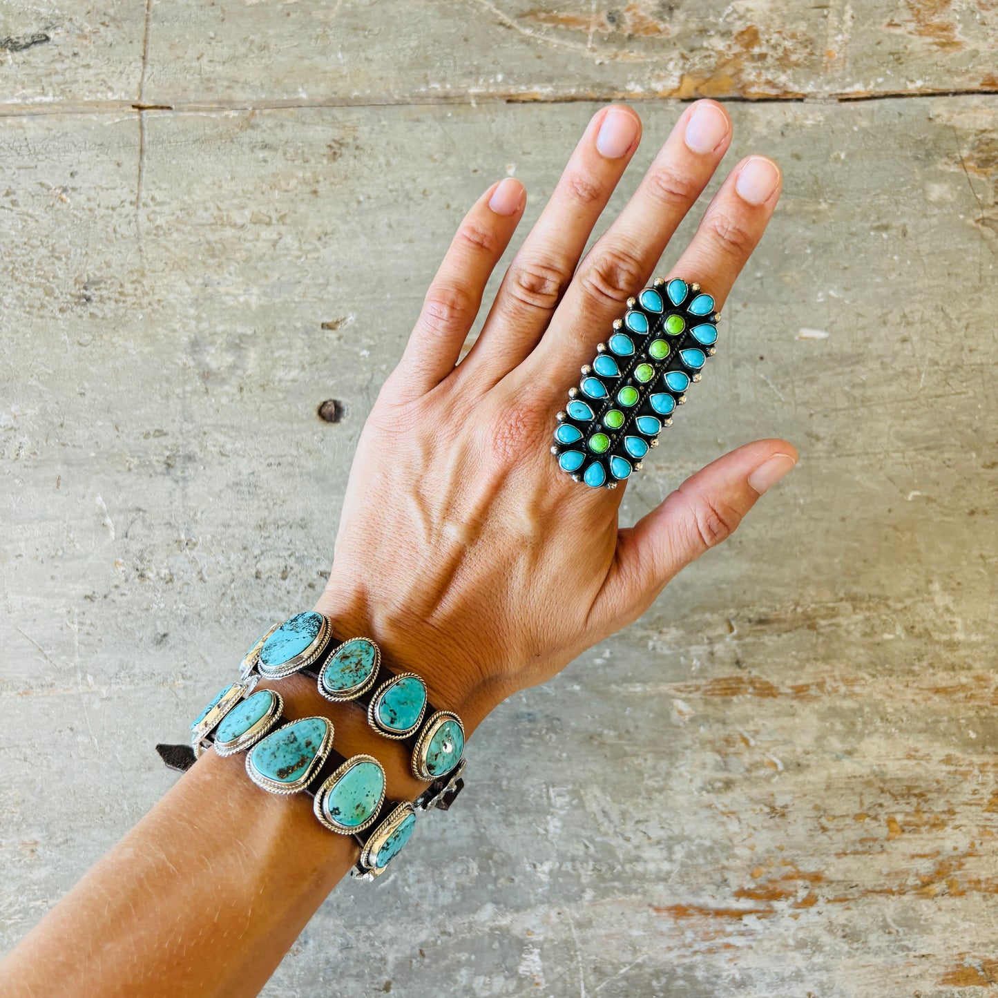 Navajo Hemerson Brown Sterling Silver - Green Mojave & Kingman Turquoise Cluster Ring