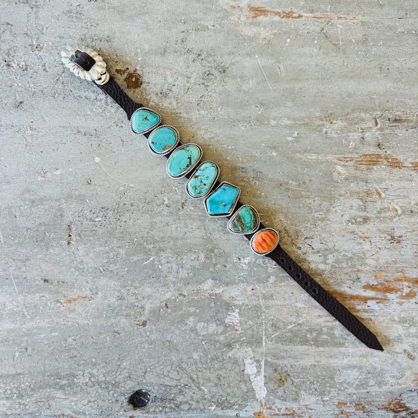 Navajo Dan Morgan Sterling Silver - Orange Spiny & Multi Turquoise Concho Bracelet