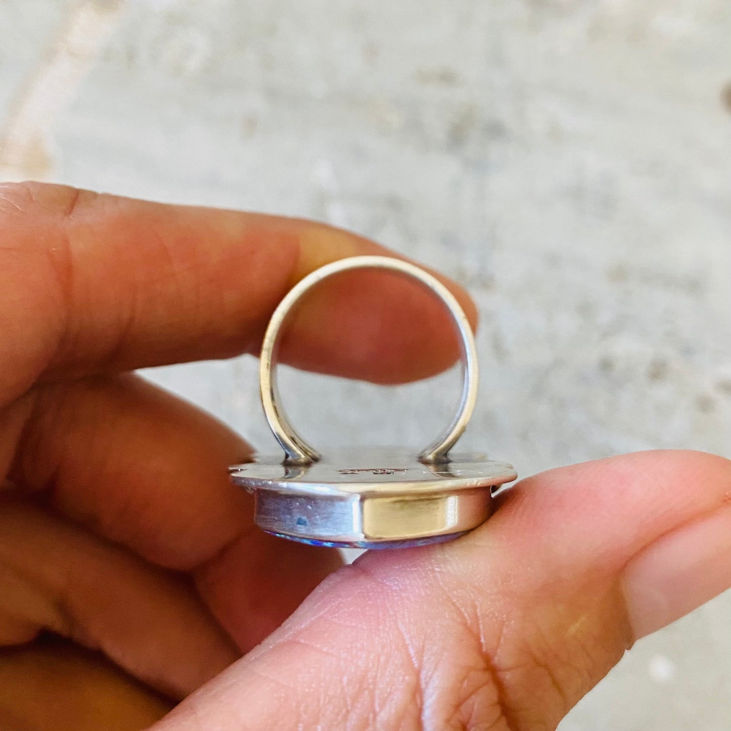 Navajo Signed Sterling Silver & Purple Blue Lab Opal Hearts Ring
