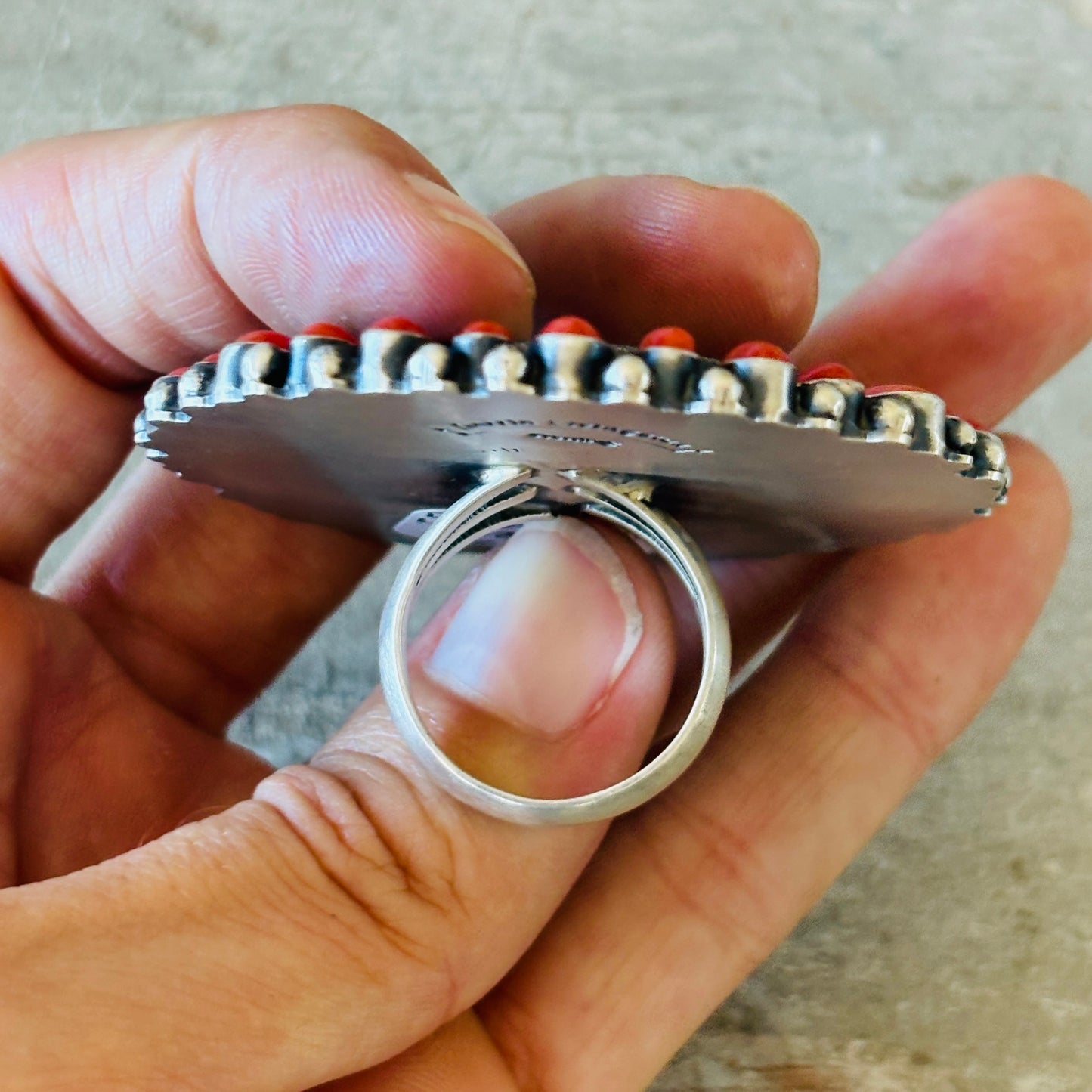 Navajo Darrin Livingston Sterling Silver & Red Coral Coin Ring
