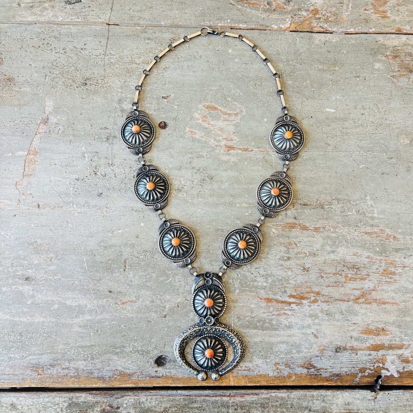 Navajo Hemerson Brown Sterling Silver & Orange Spiny Concho Naja Statement Necklace