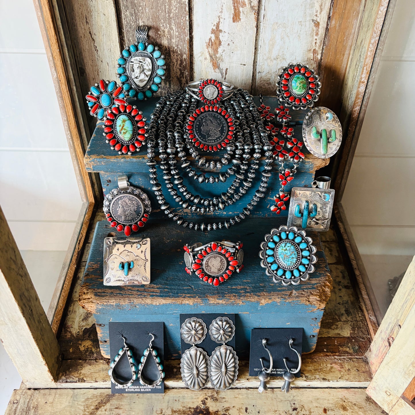 Navajo Hemerson Brown Sterling Silver - Red Coral & Sonoran Turquoise Cluster Ring