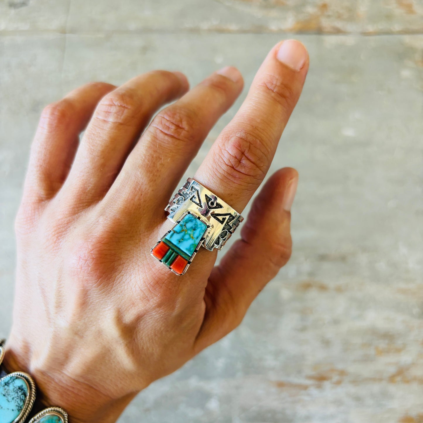 Navajo Richard Tsosie Sterling Silver - Red Coral & Multi Stone Cobblestone Ring