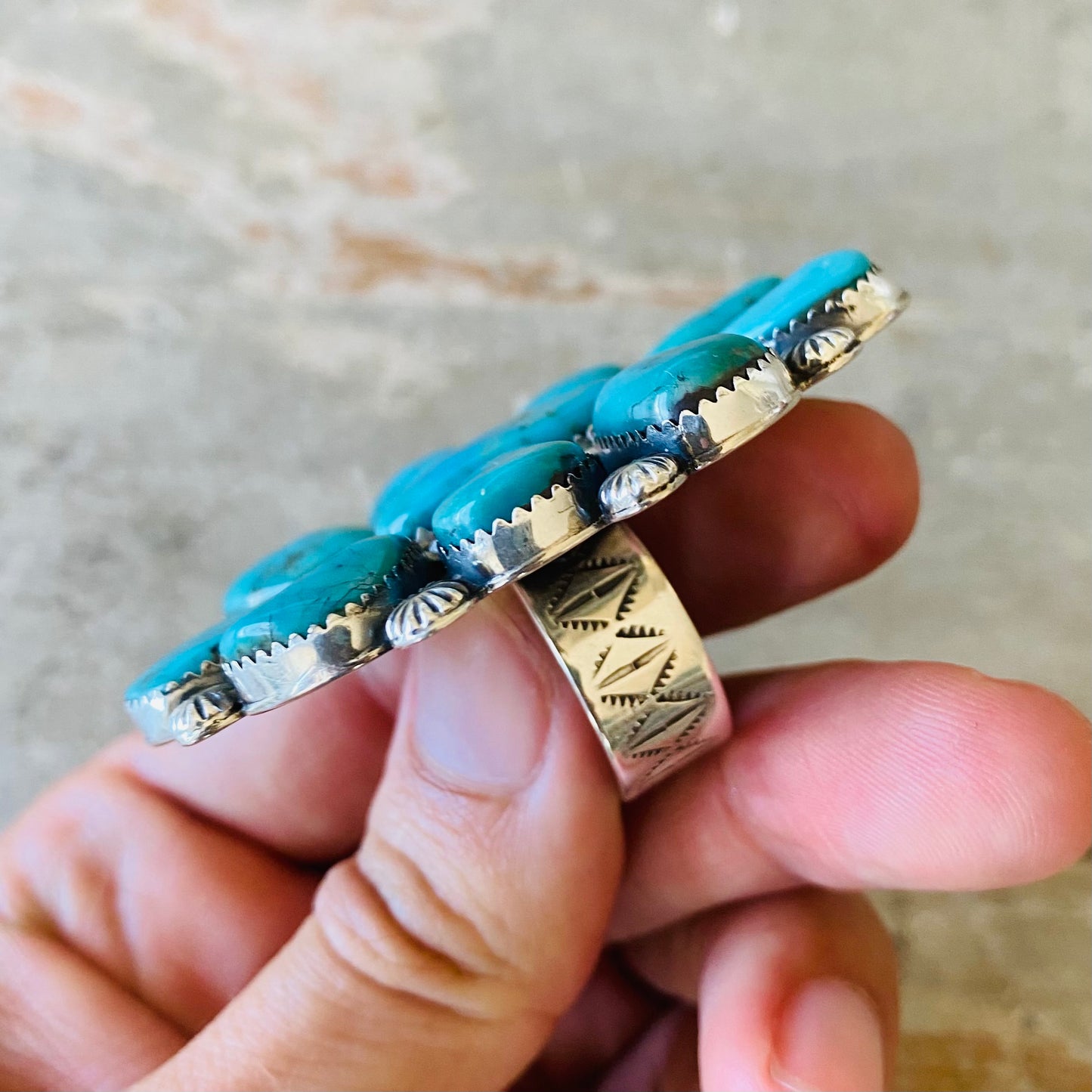 Navajo Lorenzo Jerilyn Chee Sterling Silver & Kingman Turquoise Cluster Ring