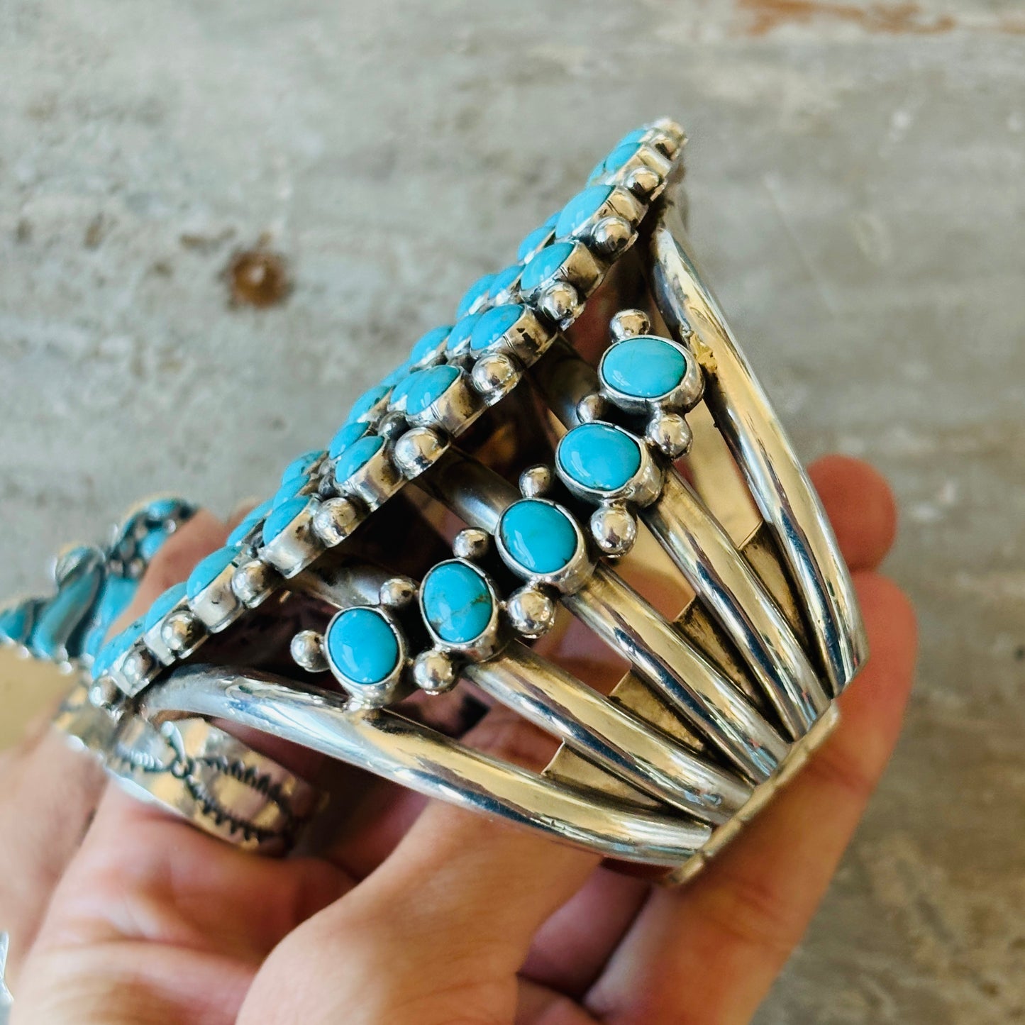 Navajo Melvin & Tiffany Jones Sterling Silver & Kingman Turquoise Cluster Cuff