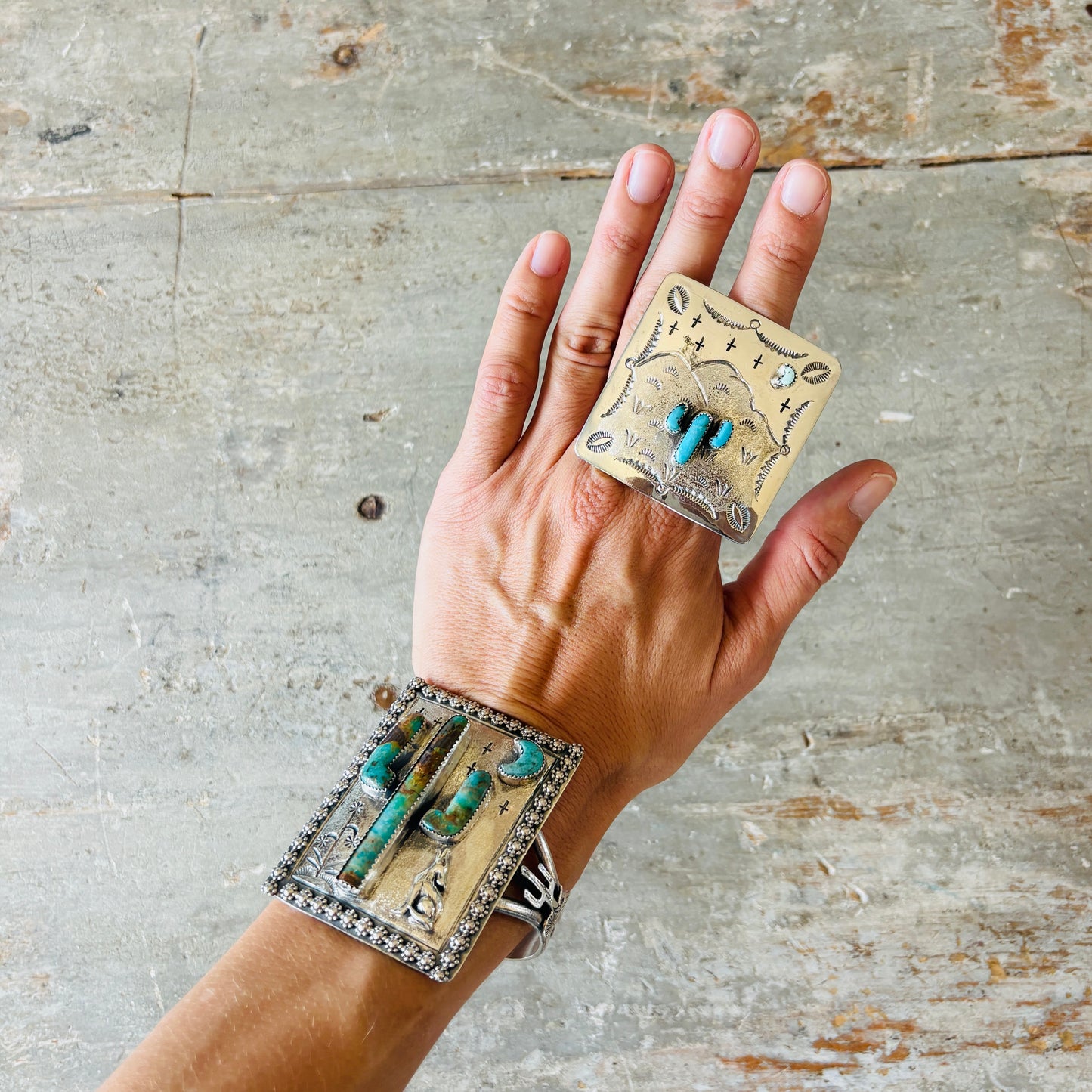 Navajo Hemerson Brown Sterling Silver & Kingman Turquoise Cactus Ring