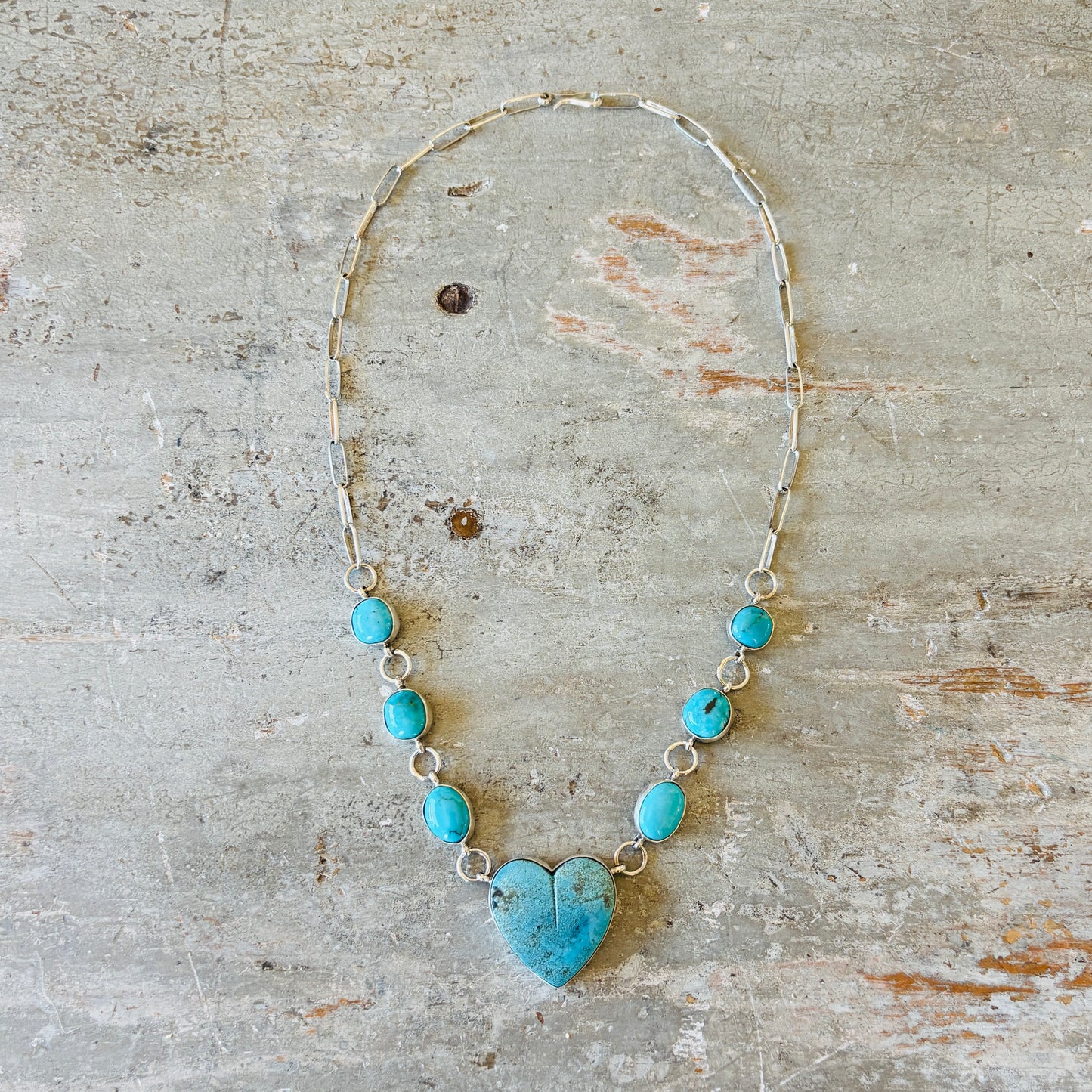 Navajo Mildred Parkhurst Sterling Silver - Ceremonial Kingman - Blue Ridge Turquoise Heart Necklace