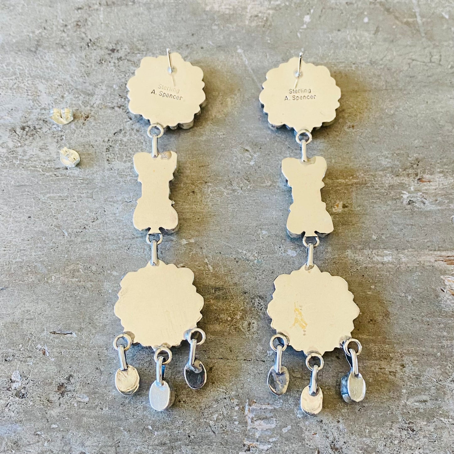 Navajo Pearlene Spencer Sterling Silver & Kingman Turquoise Cluster Earrings