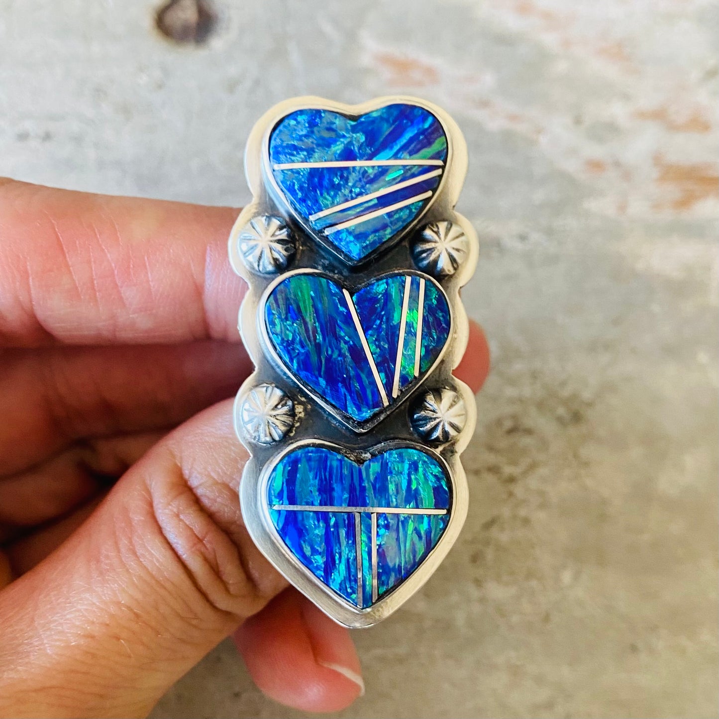 Navajo Signed Sterling Silver & Blue Purple Lab Opal Hearts Ring